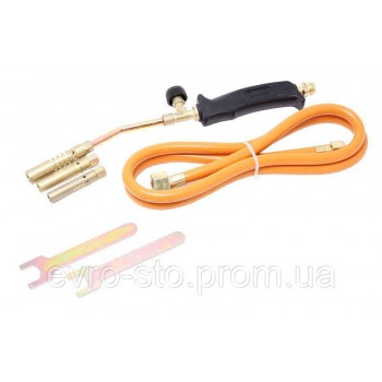 Горелка газовая для пайки в наборе с насадками и гибким шлангом(насадки-13,14,17мм; L шланга-1.5м) в блистере Горелка газовая для пайки в наборе с насадками и гибким шлангом(насадки-13,14,17мм; L шланга-1.5м) в блистере